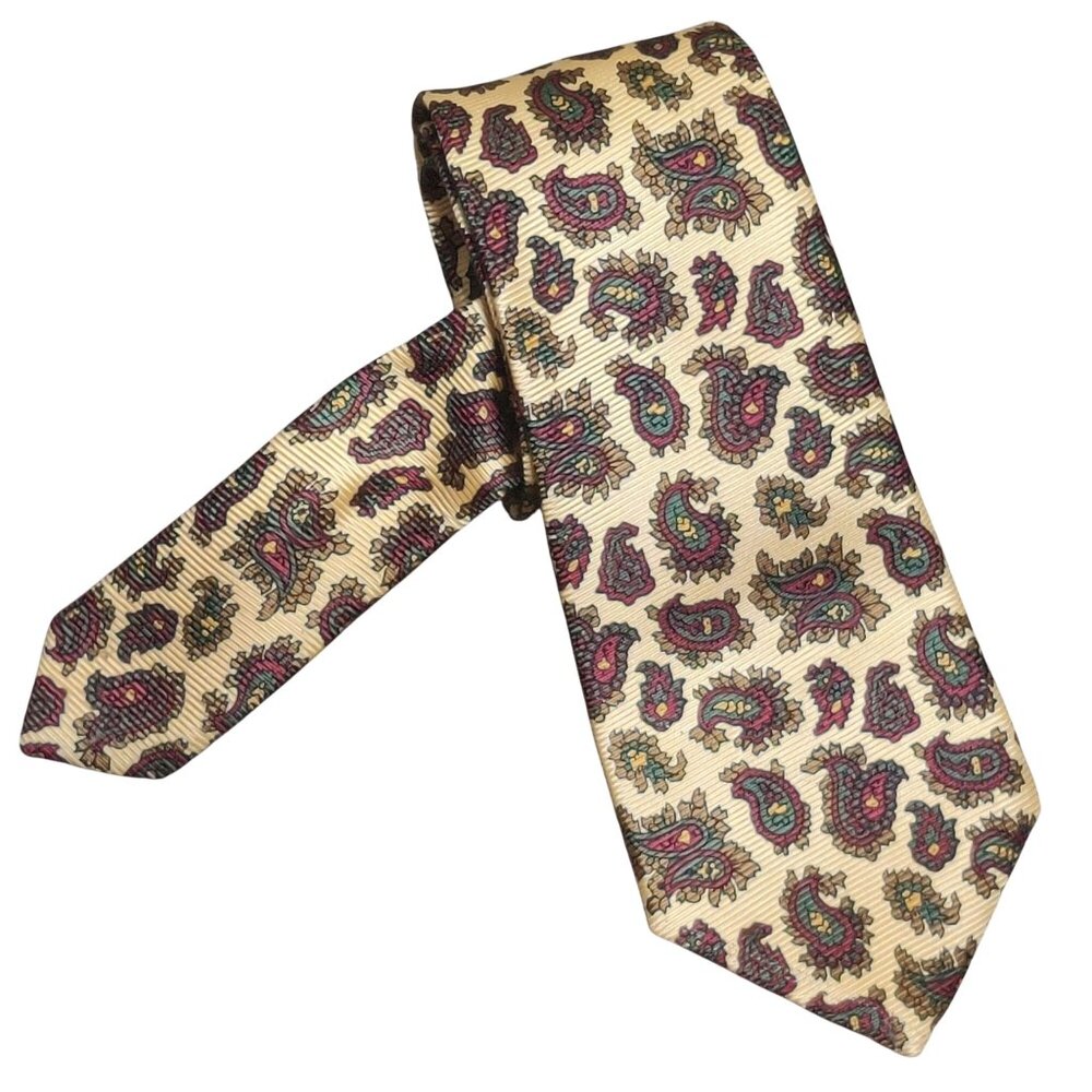 American Living 100% Silk Statement Tie Gold Red Green Paisley Vintage Handmade